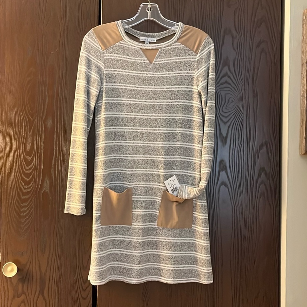 Moa Moa long sleeved gray/ white striped with tan decoration dress. Size XS NWT